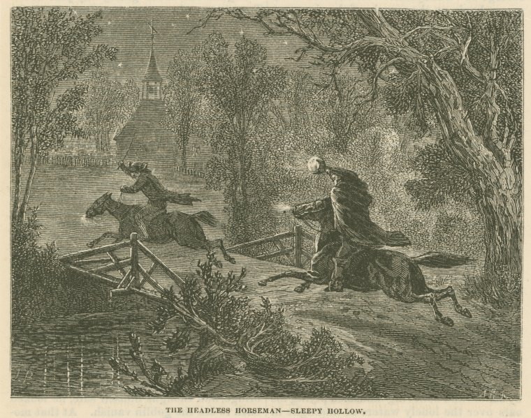 Engraving of the story of the headless horseman chasing schoolmaster Crane.