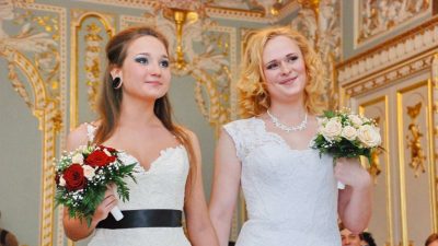Alyona Fursova and Irina Shumilova at their wedding ceremony
